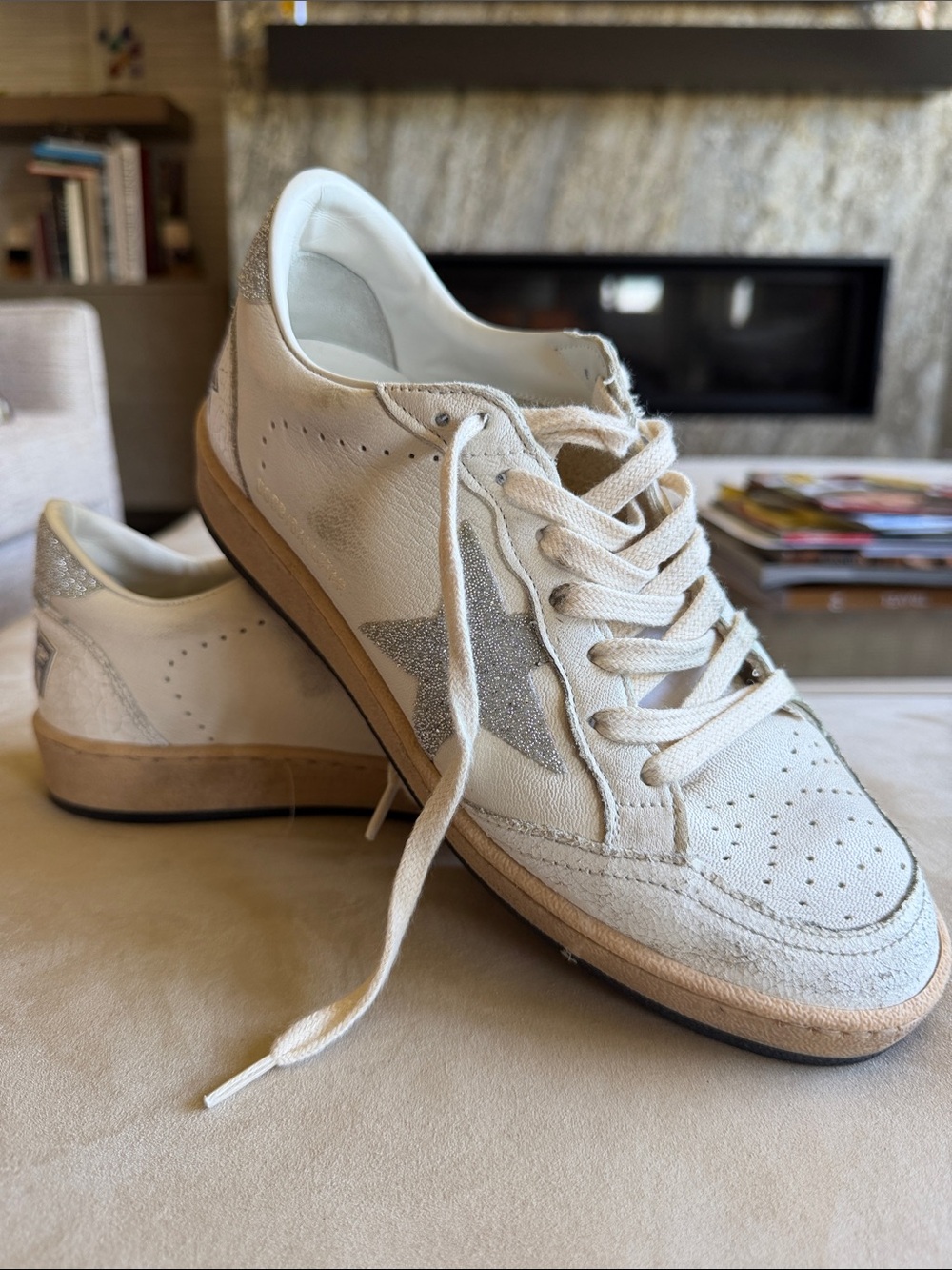 Golden Goose White Low-Top Swarovski Sneakers with Silver Glitter Star